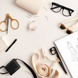 A stylish background featuring an assortment of fashion utensils in neutral colors such as beige, gold, black, and white