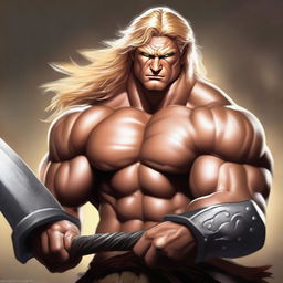 A high-quality digital art piece portraying a robust, blonde-haired barbarian with striking hazel eyes