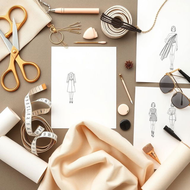 A stylish background featuring an assortment of fashion utensils in neutral colors such as beige, gold, black, and white