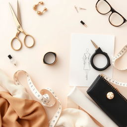 A stylish background featuring an assortment of fashion utensils in neutral colors such as beige, gold, black, and white