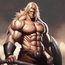 A high-quality digital art piece portraying a robust, blonde-haired barbarian with striking hazel eyes