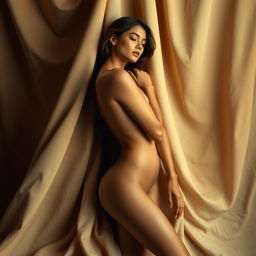 An artistic representation of an elegant nude figure, posed gracefully against a soft, draped backdrop