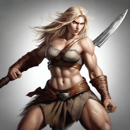 A high-quality digital art image of a half-elf barbarian with blonde hair and hazel eyes