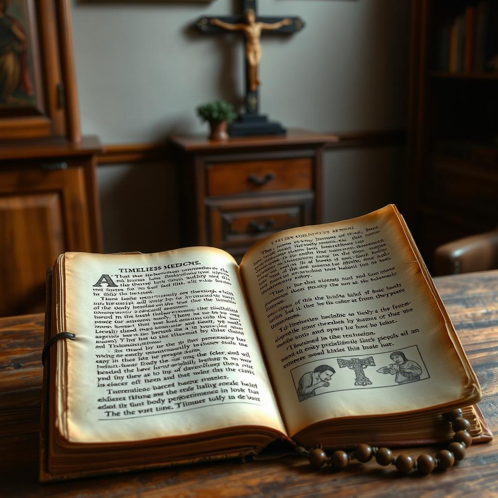 A mysterious, ancient book, showing signs of wear and age, written in an unknown cryptic language about timeless medicine and healing techniques