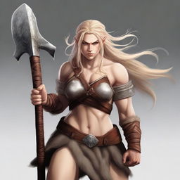 A high-quality digital art image of a half-elf barbarian with blonde hair and hazel eyes