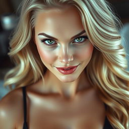 A captivating masterpiece of a supermodel with long wavy blonde hair and pale skin, highlighting her perfect face and elegant collarbone