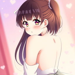 An anime girl with big breasts, blushing and looking directly at the viewer with a playful expression