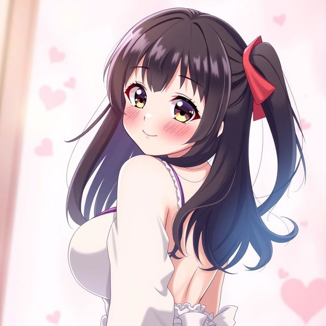 An anime girl with big breasts, blushing and looking directly at the viewer with a playful expression