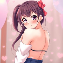 An anime girl with big breasts, blushing and looking directly at the viewer with a playful expression