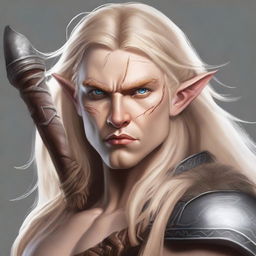 A high-quality digital art image of a half-elf barbarian with blonde hair and hazel eyes