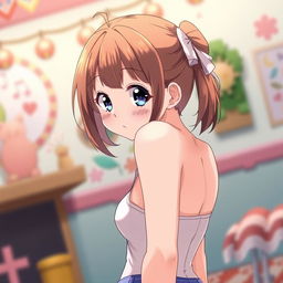 An anime girl with big breasts, playfully blushing while looking directly at the viewer, her expression teasing and inviting