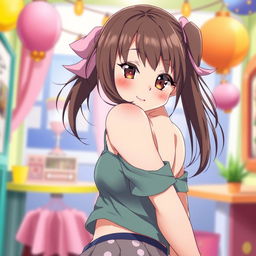 An anime girl with big breasts, playfully blushing while looking directly at the viewer, her expression teasing and inviting