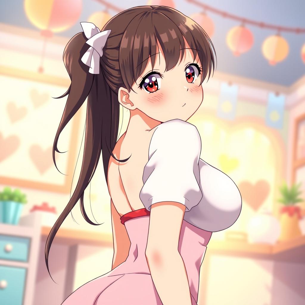 An anime girl with big breasts, playfully blushing while looking directly at the viewer, her expression teasing and inviting