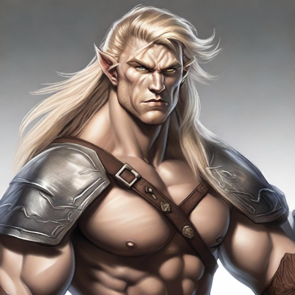 A high-quality digital art image of a half-elf barbarian with blonde hair and hazel eyes