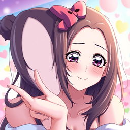 An intimate portrayal of a flirty anime girl, playfully blushing while gazing directly at the viewer