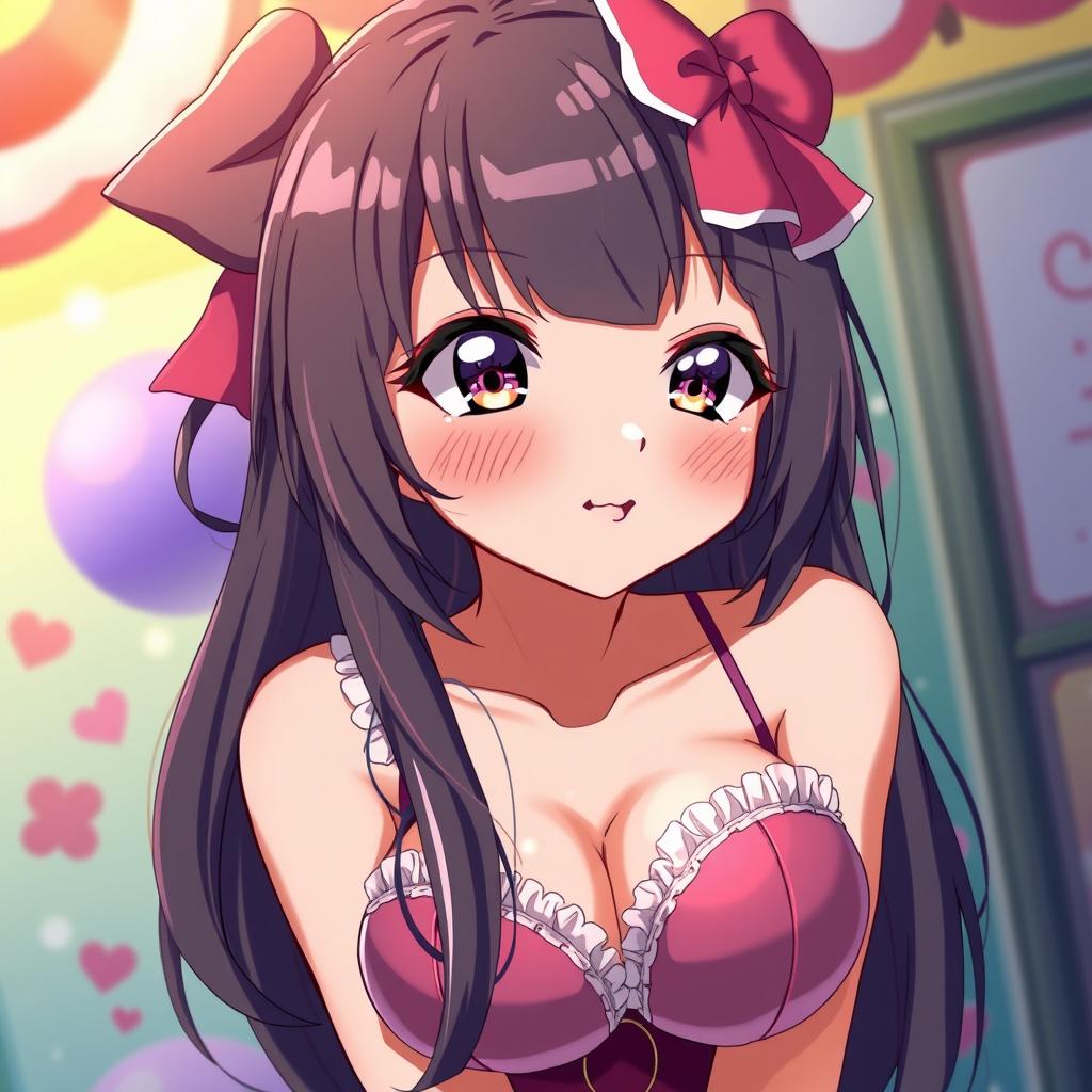 An intimate portrayal of a flirty anime girl, playfully blushing while gazing directly at the viewer