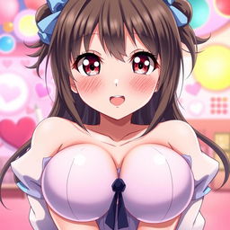 An intimate portrayal of a flirty anime girl, playfully blushing while gazing directly at the viewer
