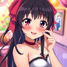 An intimate portrayal of a flirty anime girl, playfully blushing while gazing directly at the viewer