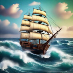 An image of a classic sailing ship, intricately detailed, navigating through tumultuous ocean waves