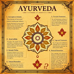 A visually stunning poster about Ayurveda, designed to have an ancient look, featuring traditional motifs and textures that evoke a sense of history