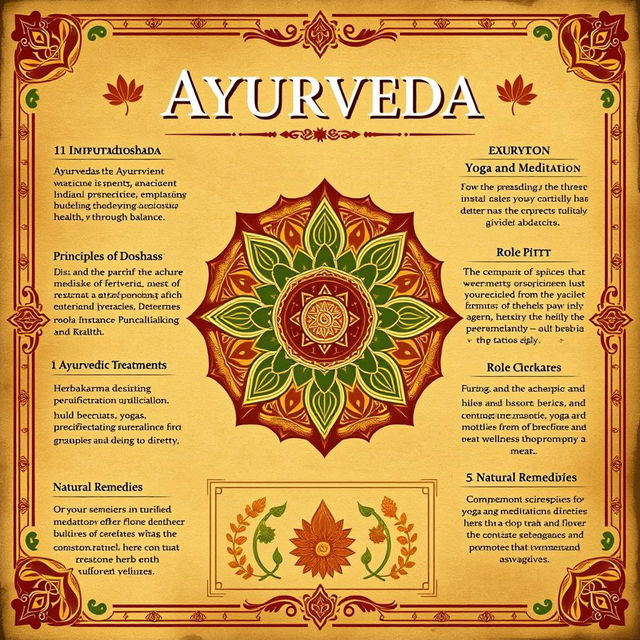 A visually stunning poster about Ayurveda, designed to have an ancient look, featuring traditional motifs and textures that evoke a sense of history