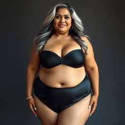 A full-body portrait of a 55-year-old Indian plus-size woman, exuding confidence as a captivating cougar