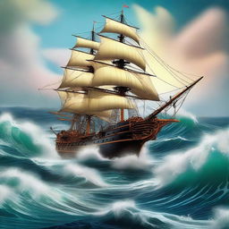 An image of a classic sailing ship, intricately detailed, navigating through tumultuous ocean waves