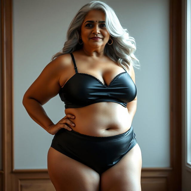 A full-body portrait of a 55-year-old Indian plus-size woman, exuding confidence as a captivating cougar