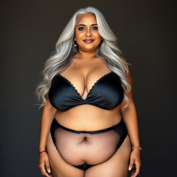 A full-body portrait of a 55-year-old Indian plus-size woman, exuding confidence as a captivating cougar