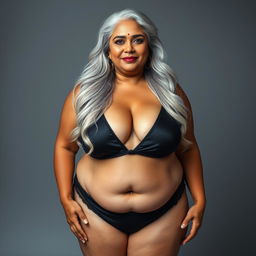 A full-body portrait of a 55-year-old Indian plus-size woman, exuding confidence as a captivating cougar
