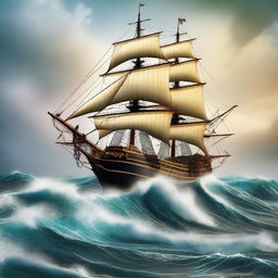 An image of a classic sailing ship, intricately detailed, navigating through tumultuous ocean waves