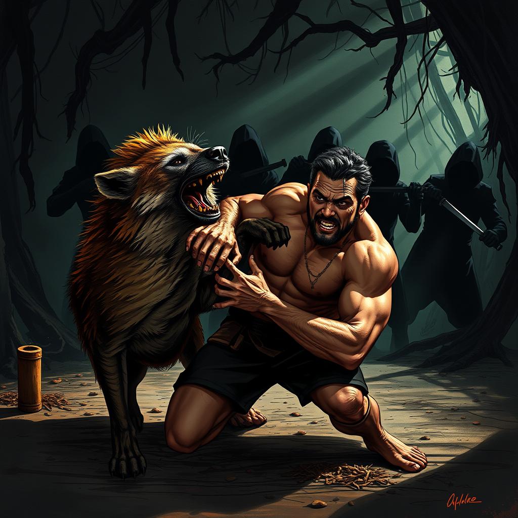 A dramatic and intense scene depicting a man wrestling with a fierce hyena, showcasing a moment of struggle where the man thrusts his hand into the hyena's stomach, illustrating the raw power and tension between them
