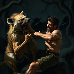A dramatic and intense scene depicting a man wrestling with a fierce hyena, showcasing a moment of struggle where the man thrusts his hand into the hyena's stomach, illustrating the raw power and tension between them