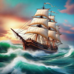 An image of a classic sailing ship, intricately detailed, navigating through tumultuous ocean waves