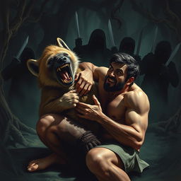 A dramatic and intense scene depicting a man wrestling with a fierce hyena, showcasing a moment of struggle where the man thrusts his hand into the hyena's stomach, illustrating the raw power and tension between them