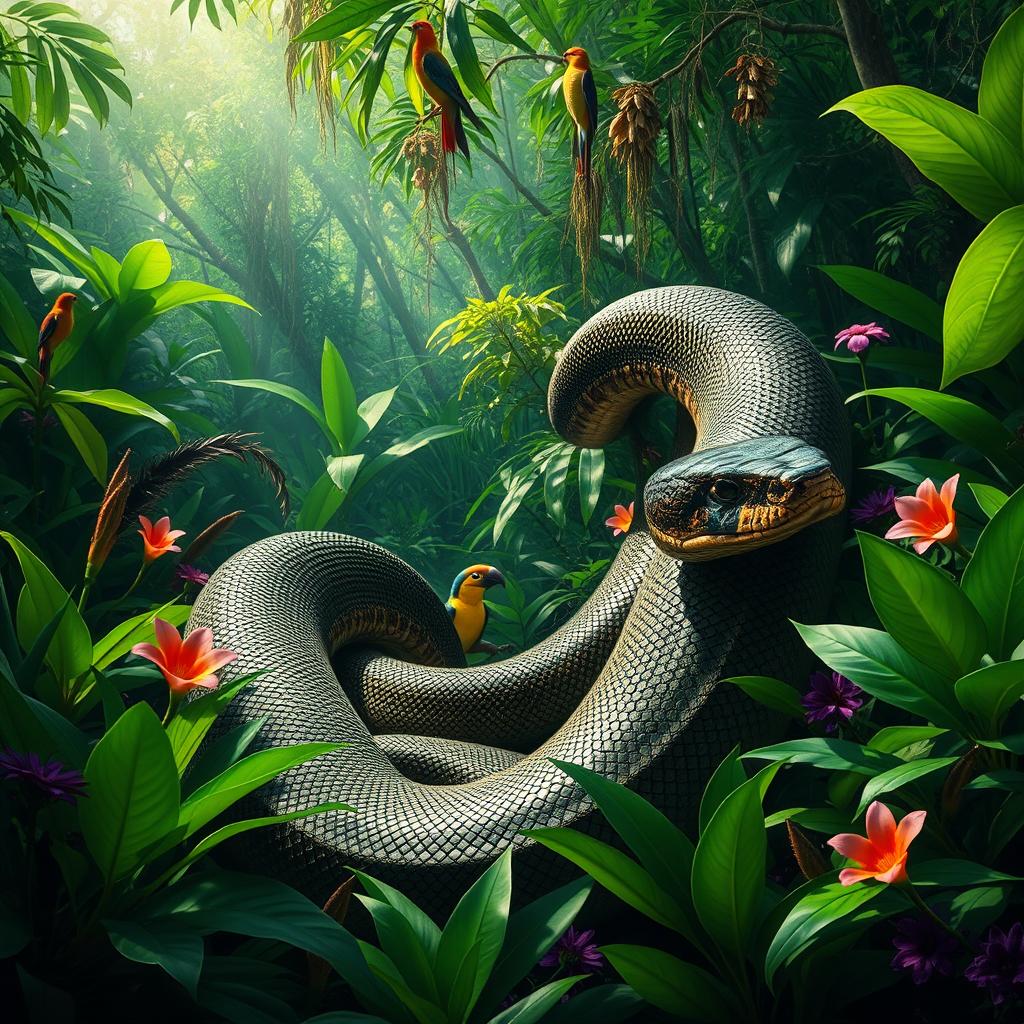 A large and majestic snake slithering through the lush, dense undergrowth of the Amazon rainforest