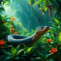 A large and majestic snake slithering through the lush, dense undergrowth of the Amazon rainforest