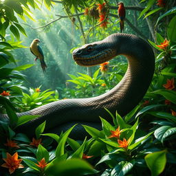 A large and majestic snake slithering through the lush, dense undergrowth of the Amazon rainforest