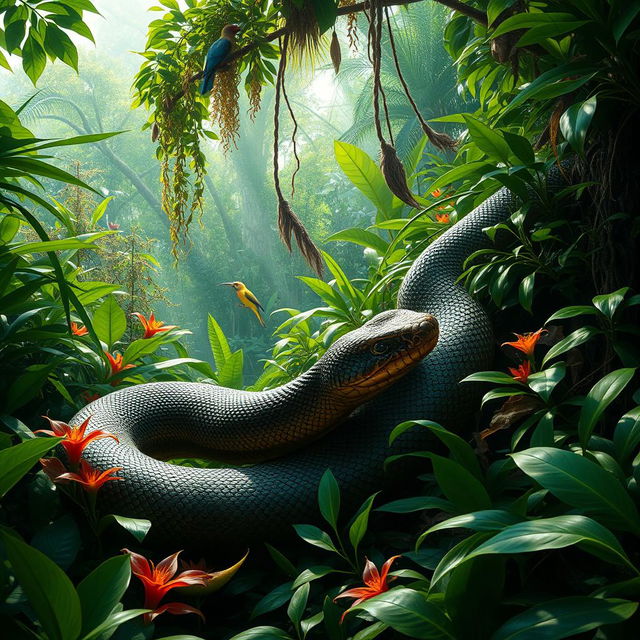 A large and majestic snake slithering through the lush, dense undergrowth of the Amazon rainforest