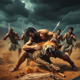 A dramatic scene depicting a man wrestling with a fierce hyena, his hand thrust deep into the hyena's stomach