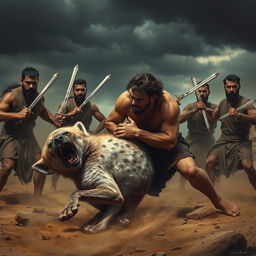 A dramatic scene depicting a man wrestling with a fierce hyena, his hand thrust deep into the hyena's stomach