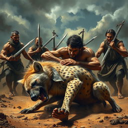 A dramatic scene depicting a man wrestling with a fierce hyena, his hand thrust deep into the hyena's stomach