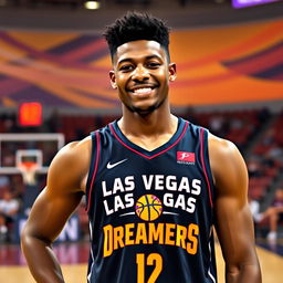 A tall, 22-year-old handsome Black male professional basketball player, standing proudly in his team's uniform for the "Las Vegas Dreamers"