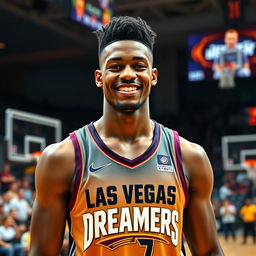 A tall, 22-year-old handsome Black male professional basketball player, standing proudly in his team's uniform for the "Las Vegas Dreamers"