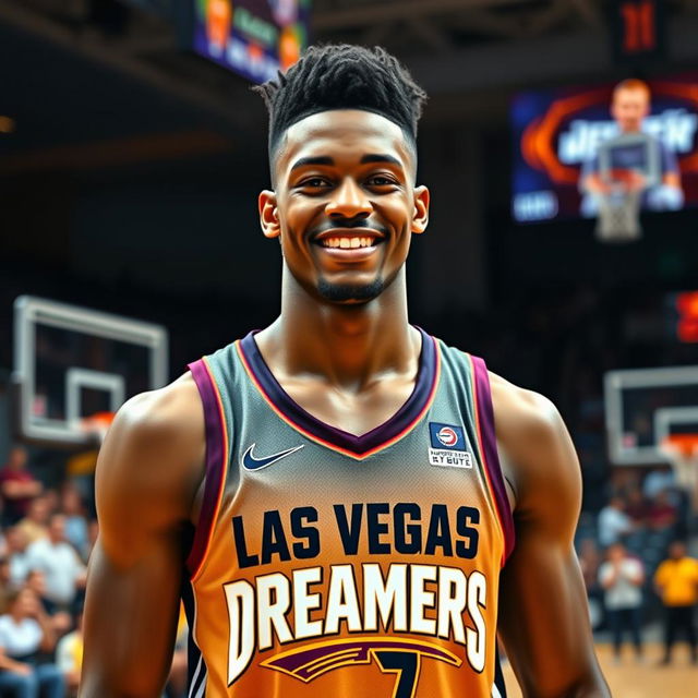 A tall, 22-year-old handsome Black male professional basketball player, standing proudly in his team's uniform for the "Las Vegas Dreamers"