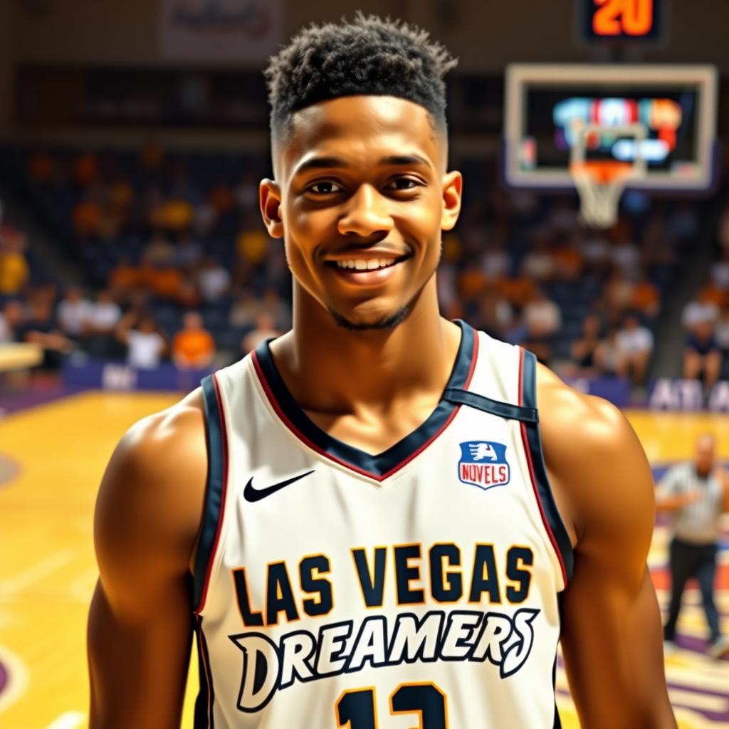 A tall, 22-year-old handsome Black male professional basketball player, standing proudly in his team's uniform for the "Las Vegas Dreamers"