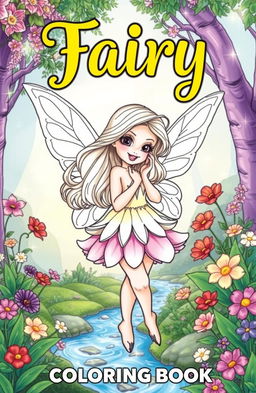 A whimsical fairy coloring book cover featuring an enchanting fairy, with delicate wings, surrounded by vibrant flowers and magical forest scenery