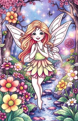 A whimsical fairy coloring book cover featuring an enchanting fairy, with delicate wings, surrounded by vibrant flowers and magical forest scenery