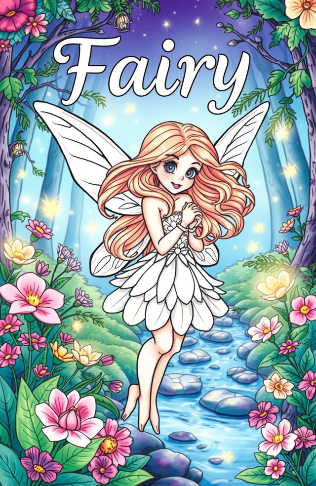 A whimsical fairy coloring book cover featuring an enchanting fairy, with delicate wings, surrounded by vibrant flowers and magical forest scenery