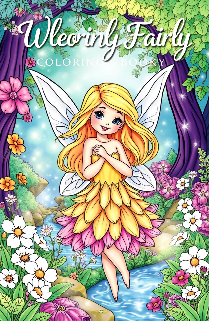 A whimsical fairy coloring book cover featuring an enchanting fairy, with delicate wings, surrounded by vibrant flowers and magical forest scenery